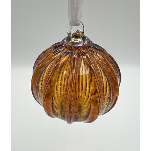 Hand Blown Amber Art Glass Christmas Ornament 4” Chinese Lantern Style - Picture 3 of 7